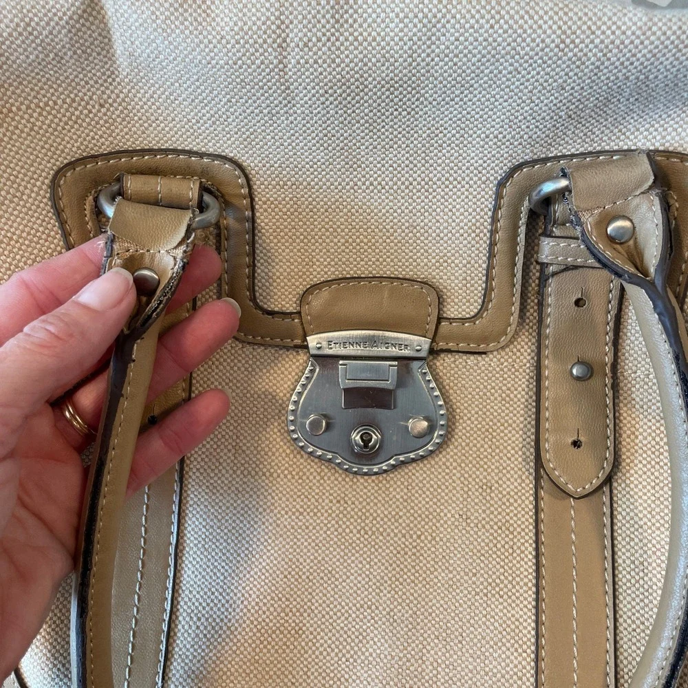 Etienne Aigner Jute Canvas and Leather Satchel Shoulder Bag Tan Beige Doctor Bag